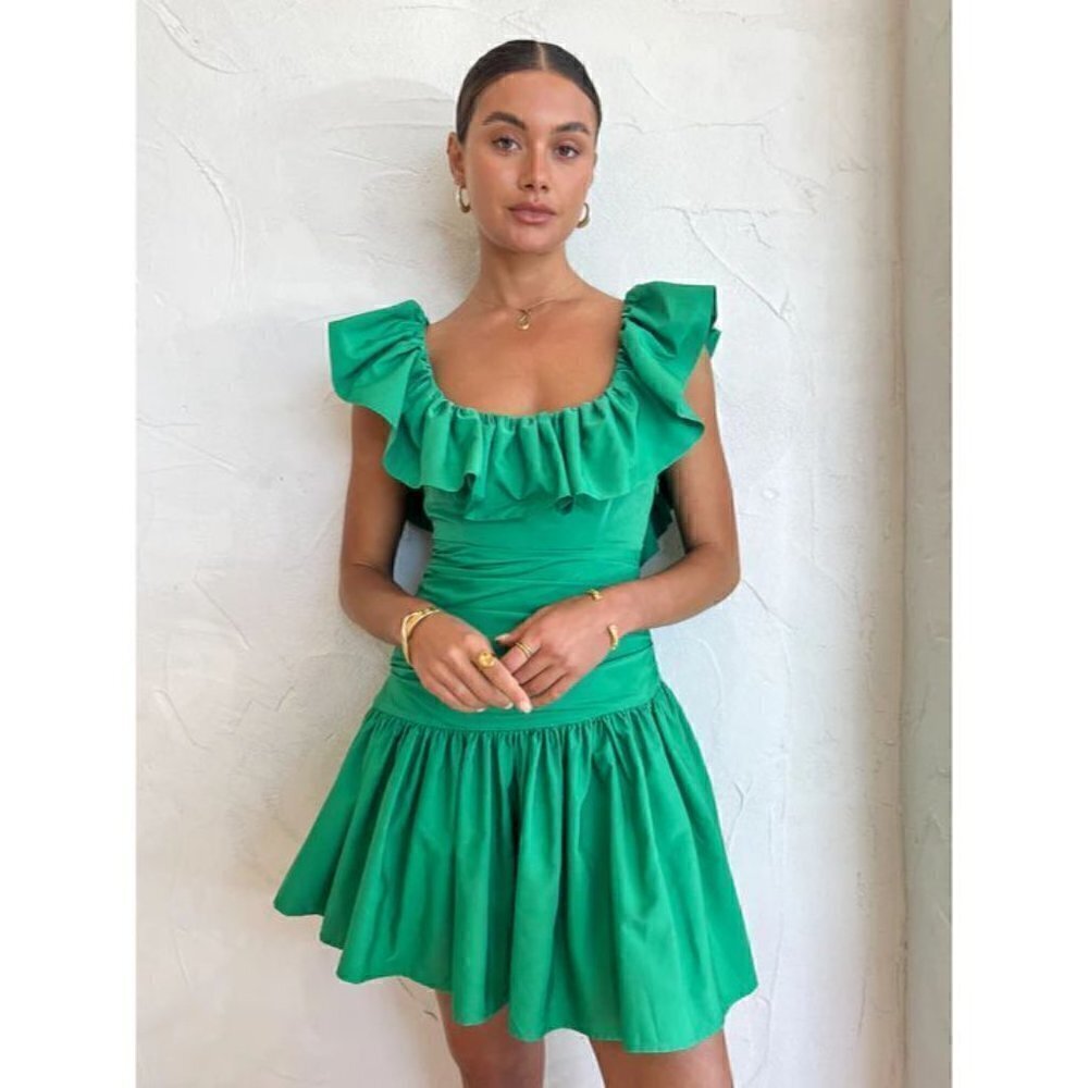 ALEMAIS Doria Ruffle-neck Crossover-back Mini Dress in Green Size US 2